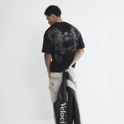 Black Oversized Flock Dragon Tee sold by River Island
