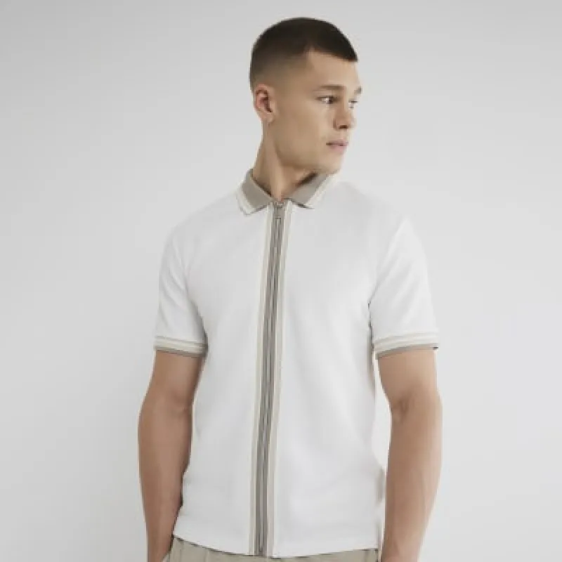 White Slim Fit Tipped Zip Through Polo Shirt sold by River Island