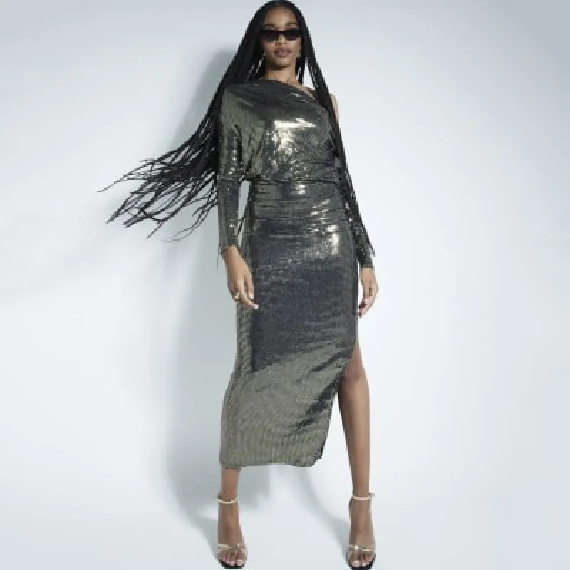 Gold Sequin One Shoulder Midi Dress sold by River Island