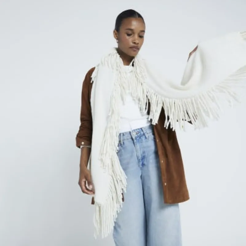 Cream Extreme Tassel Knitted Scarf sold by River Island