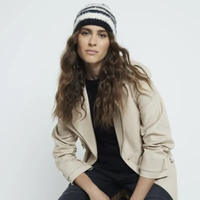 Black Fluffy Striped Beanie sold by River Island