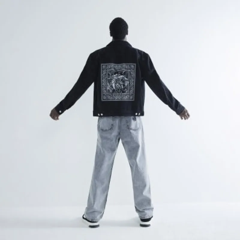 Black Denim Volcan Print Zipped Jacket sold by River Island