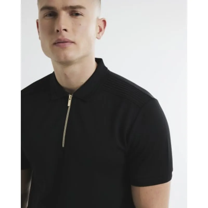 Black Short Sleeve Twill Taped Polo Shirt sold by River Island