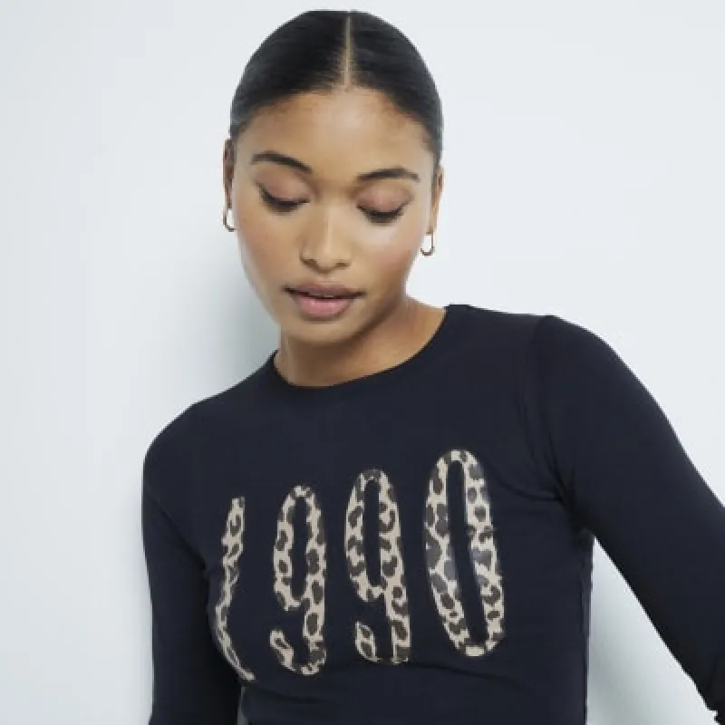 Black Leopard 1990 Long Sleeve T-Shirt sold by River Island