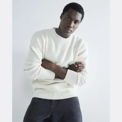 Beige Slim Fit Waffle Textured Crew Jumper sold by River Island