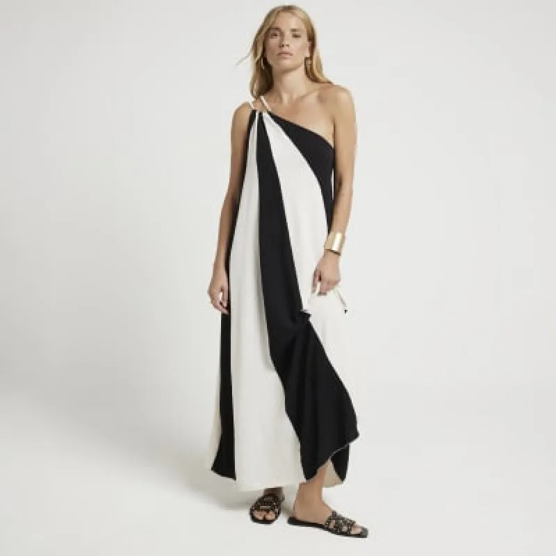Black One Shoulder Colour Block Maxi Dress sold by River Island
