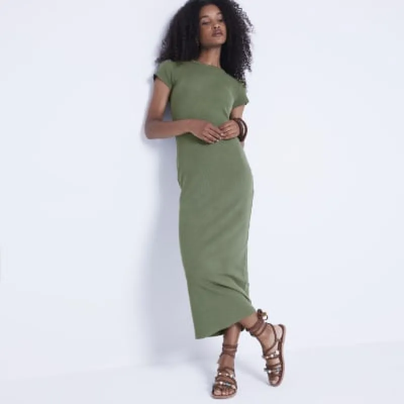 Khaki Ribbed Bodycon Midi Dress sold by River Island