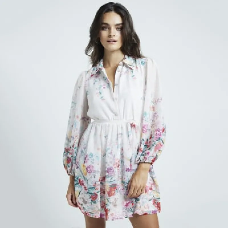 White chiffon floral belted mini shirt dress sold by River Island