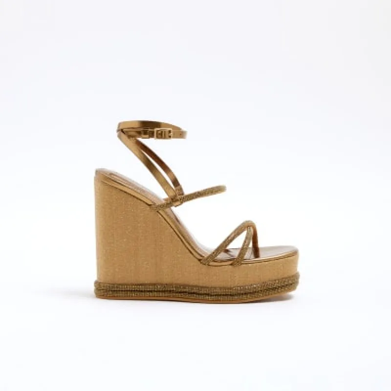 Gold diamante strap wedge heeled sandals sold by River Island