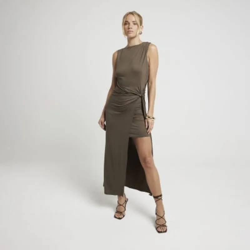 Khaki cowl back bodycon midi dress sold by River Island