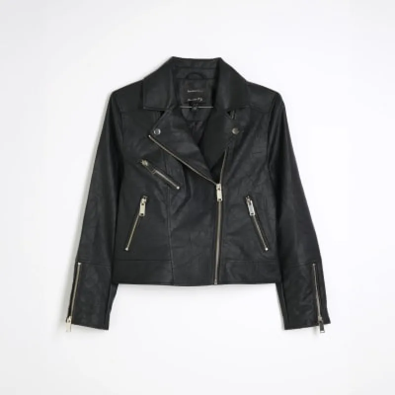 Petite black faux leather biker jacket sold by River Island