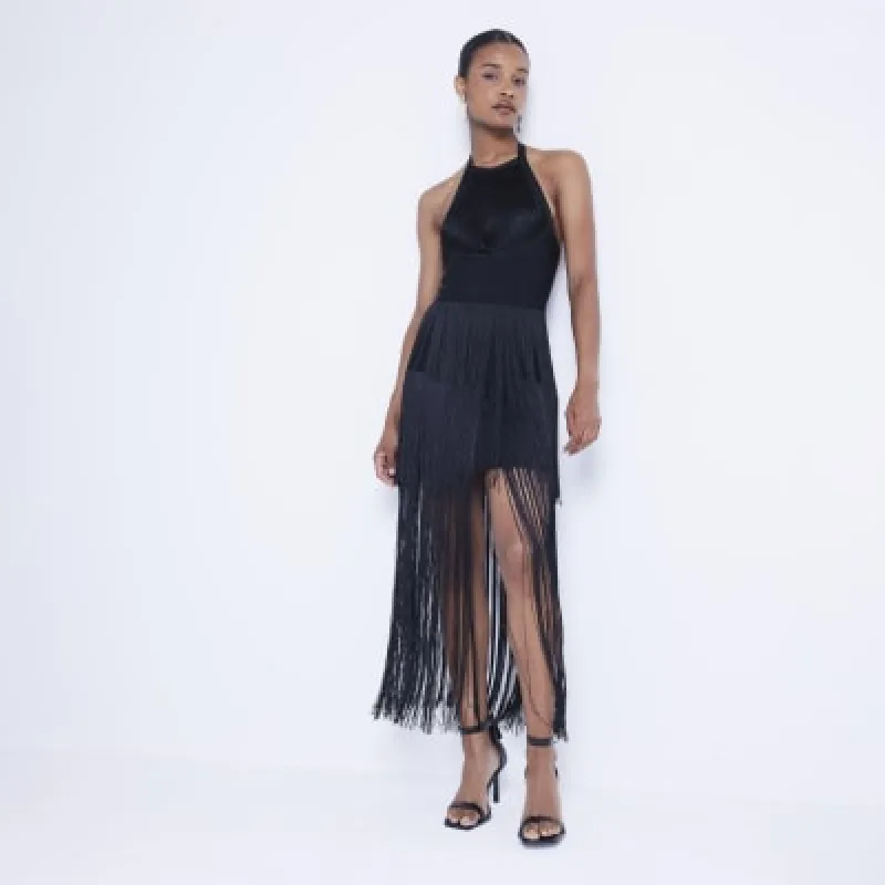 Black fringe halter neck bodycon midi dress sold by River Island