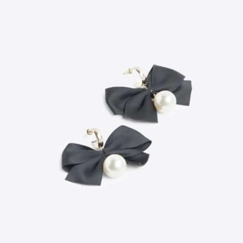 Black bow pearl drop earrings made by River Island