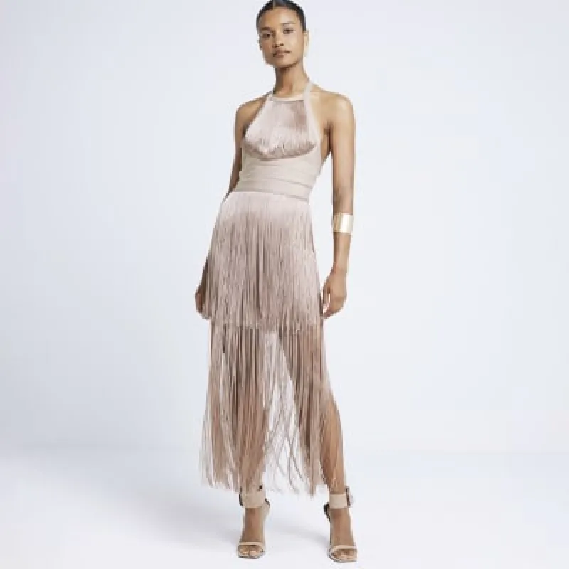 Beige fringe halter neck bodycon midi dress sold by River Island