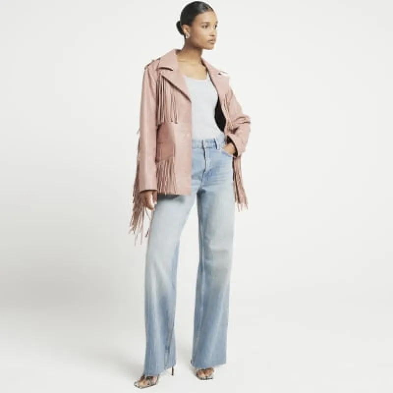 Pink Leather Tassel Belted Jacket sold by River Island