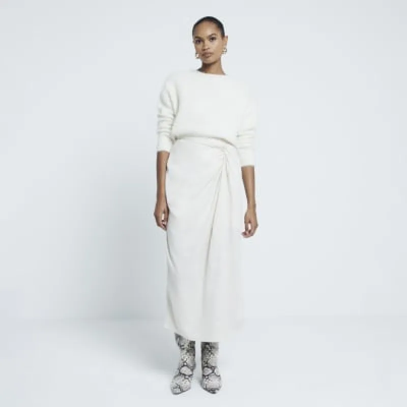 Cream Linen Blend Wrap Midi Skirt sold by River Island