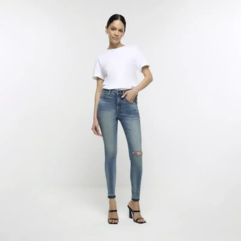 Blue ripped high waisted super skinny jeans sold by River Island