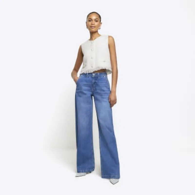 Blue mid rise baggy wide leg jeans sold by River Island