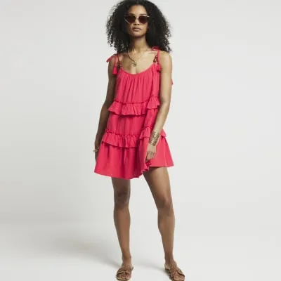 Red Bead Tiered Hem Beach Mini Dress sold by River Island
