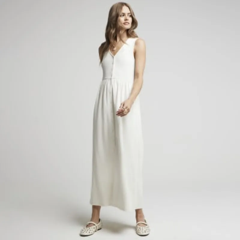 Cream ribbed button up skater midi dress sold by River Island