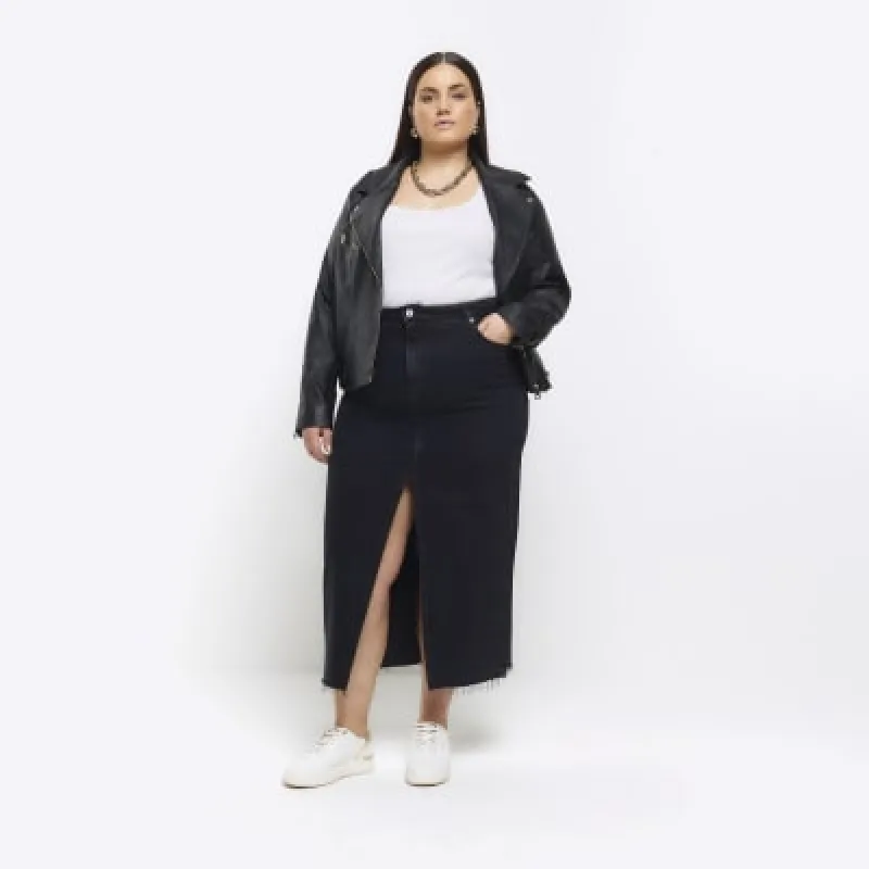 Plus black split hem denim midi skirt sold by River Island