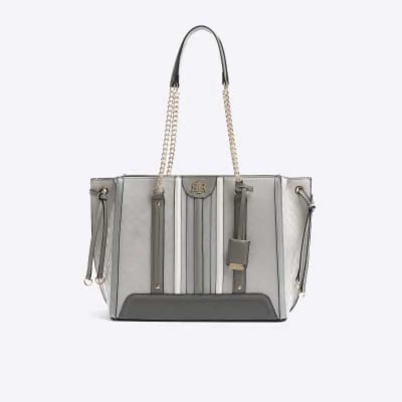 Grey embossed monogram chain tote bag sold by River Island