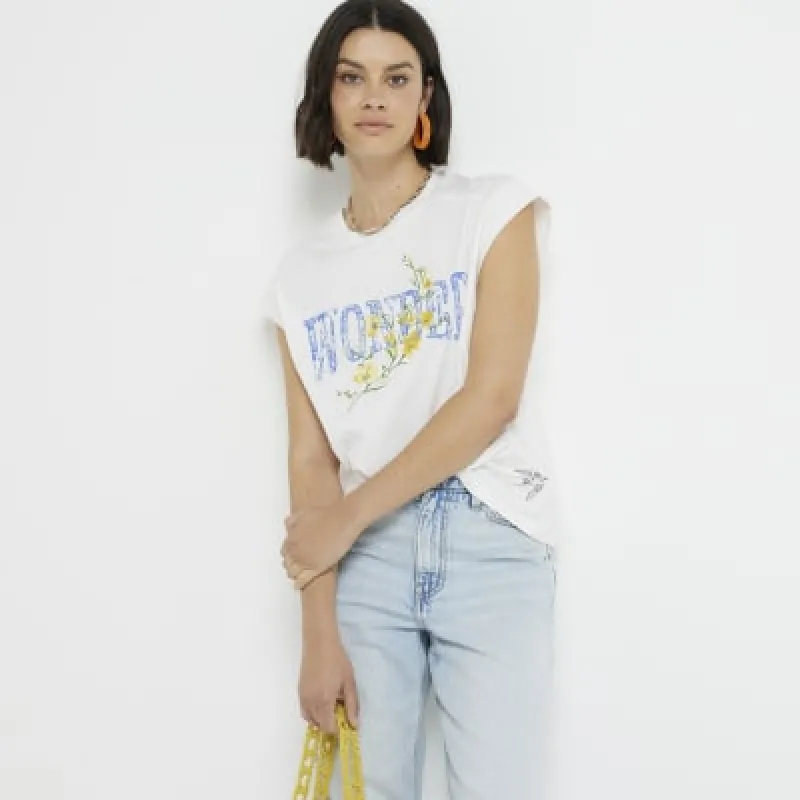 Cream floral graphic rib cuff t-shirt sold by River Island
