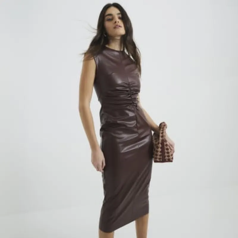 Brown Faux Leather Ruched Dress sold by River Island