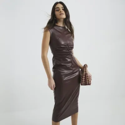 Brown Faux Leather Ruched Dress sold by River Island