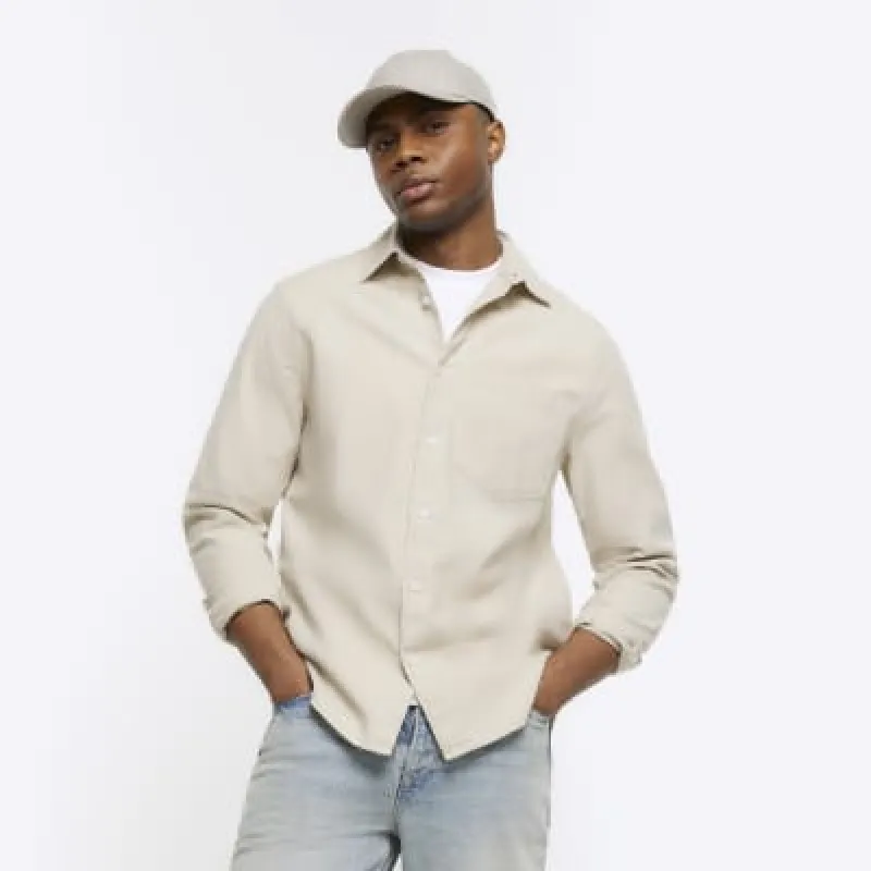 Beige regular fit linen blend shirt sold by River Island