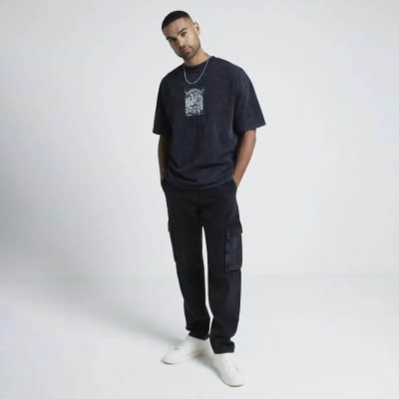 Black oversized fit graphic patch t-shirt sold by River Island