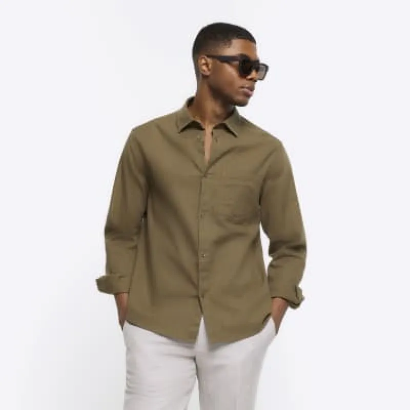Khaki regular fit linen blend shirt sold by River Island