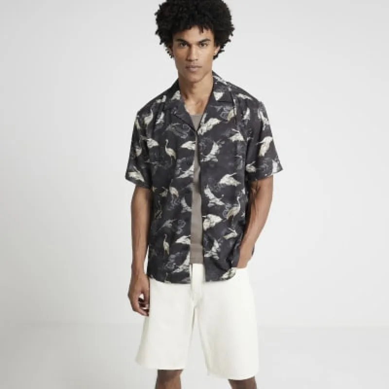 Black Regular Fit Crane Graphic Revere Shirt sold by River Island