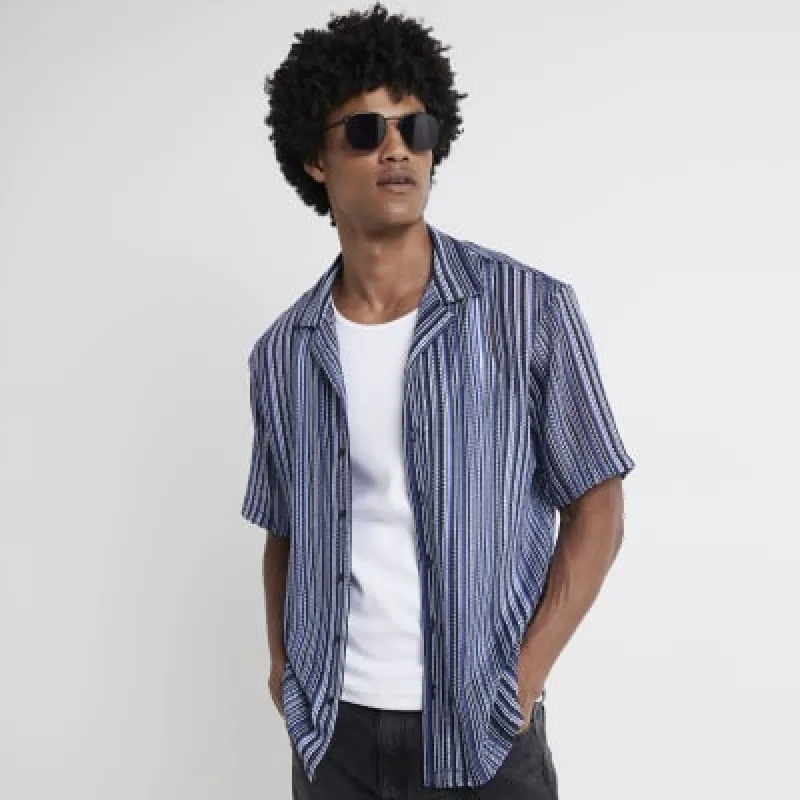 Blue regular fit crochet stripe revere shirt sold by River Island