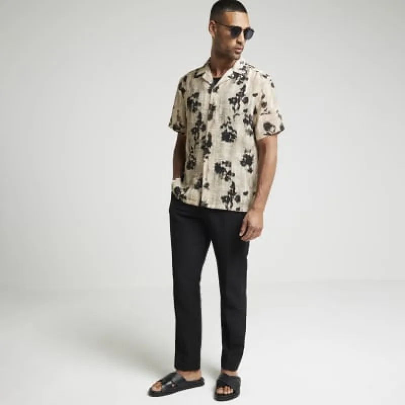 Stone regular abstract floral revere shirt sold by River Island