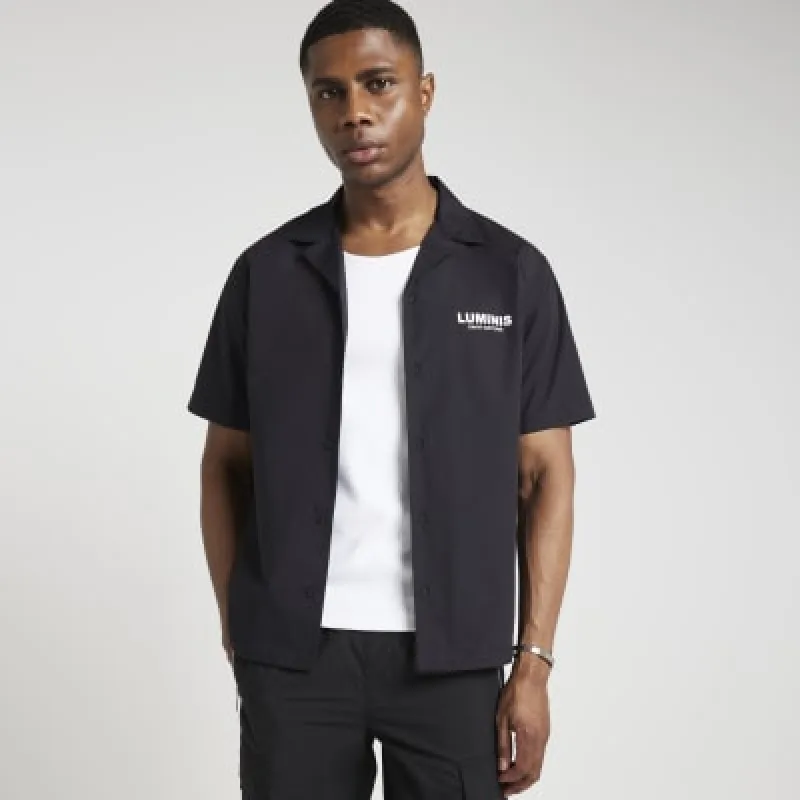Black regular fit graphic revere shirt sold by River Island