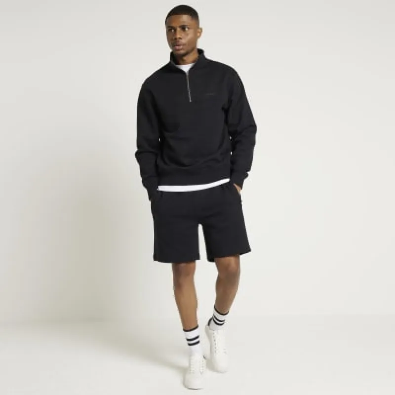 Black Regular Fit Loopback Shorts made by River Island