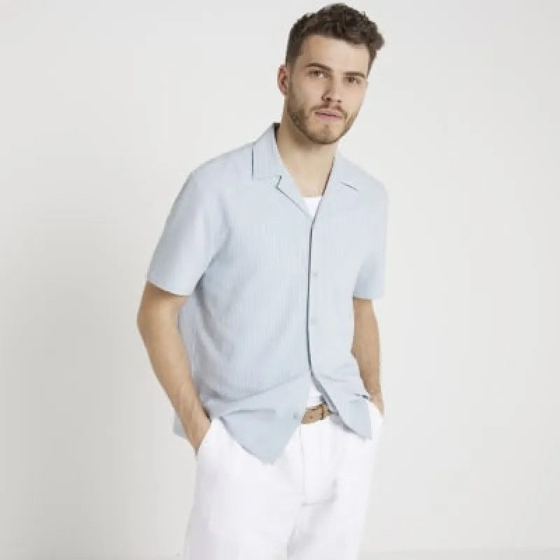 Blue regular fit seersucker revere shirt sold by River Island