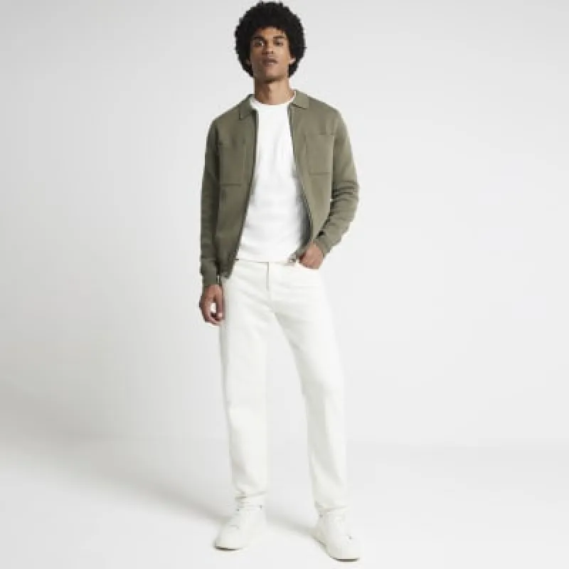 Khaki regular fit knitted zip up shirt sold by River Island