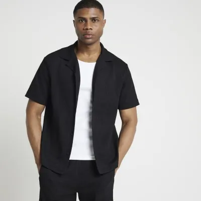 Black regular fit plisse revere shirt sold by River Island