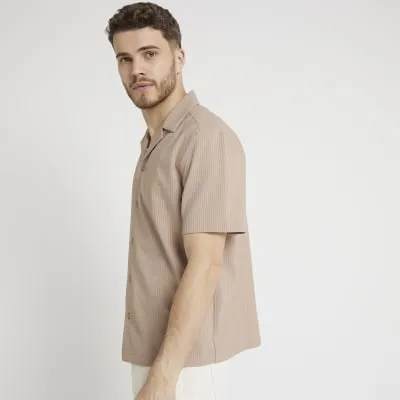 Stone regular fit seersucker revere shirt sold by River Island