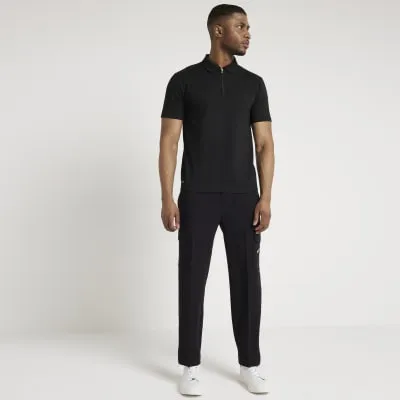 Black slim fit half zip short sleeve polo sold by River Island