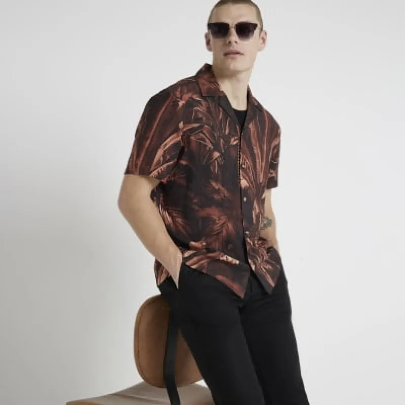 Brown Palm Print short sleeve shirt made by River Island