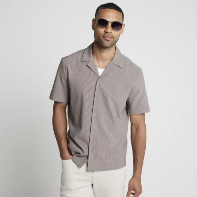 Grey Regular Fit Seersucker Revere Shirt sold by River Island