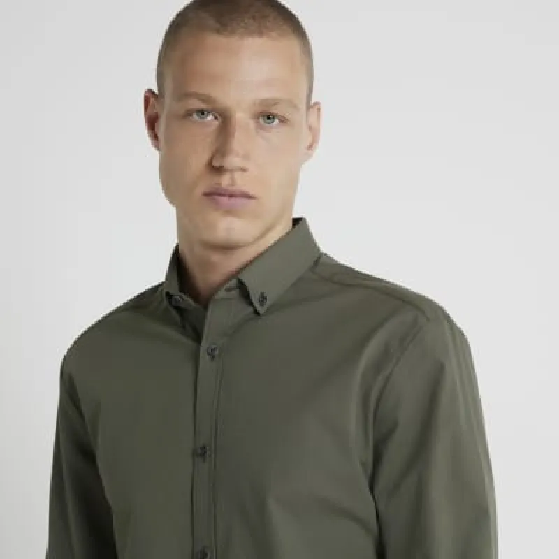 Khaki muscle fit textured smart shirt sold by River Island