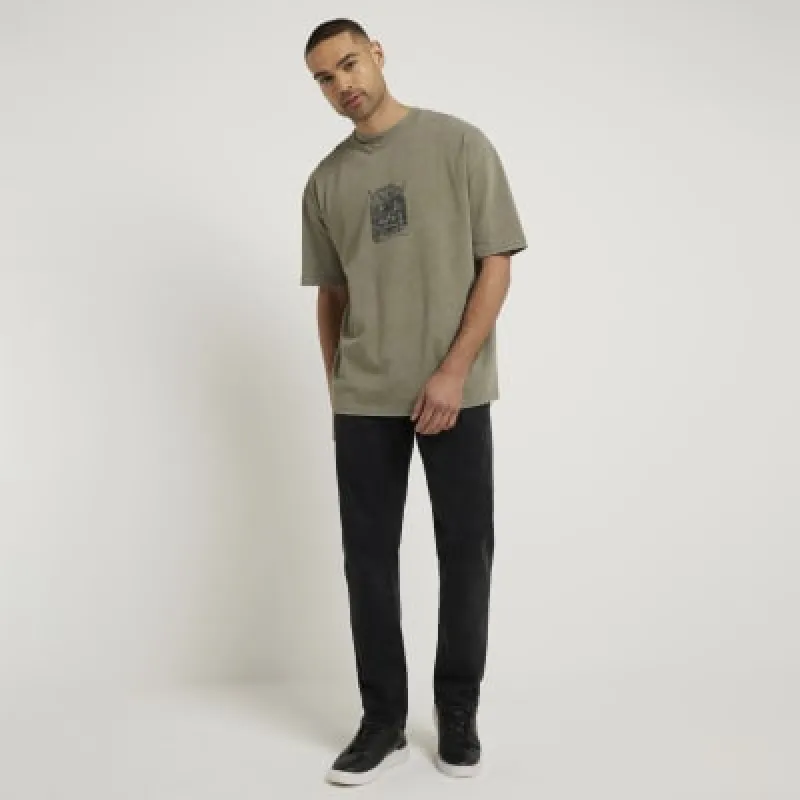 Khaki oversized fit graphic patch t-shirt sold by River Island