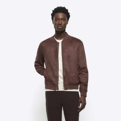 Brown regular fit suedette bomber jacket sold by River Island