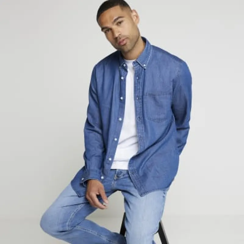 Blue regular fit lightweight denim shirt sold by River Island