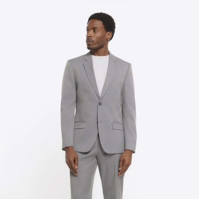 Grey skinny fit twill suit jacket sold by River Island
