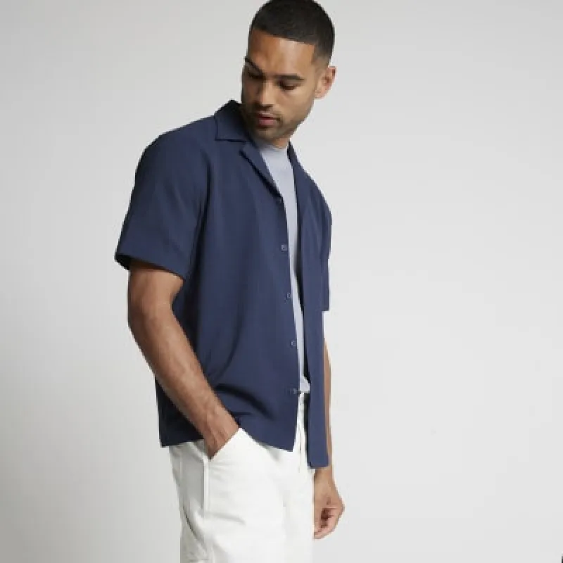 Navy Regular Fit Seersucker Revere Shirt sold by River Island
